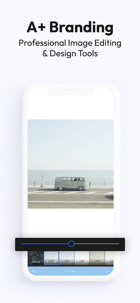 Plann: Preview for Instagram - Smartphone screen showing the Plann app image editing interface with professional filters and design tools