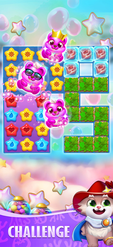 Candy 2026 - Match 3 Game - Gameplay screen of Candy 2026 Match 3 Game featuring colorful stars gummy bears and a cute cat character