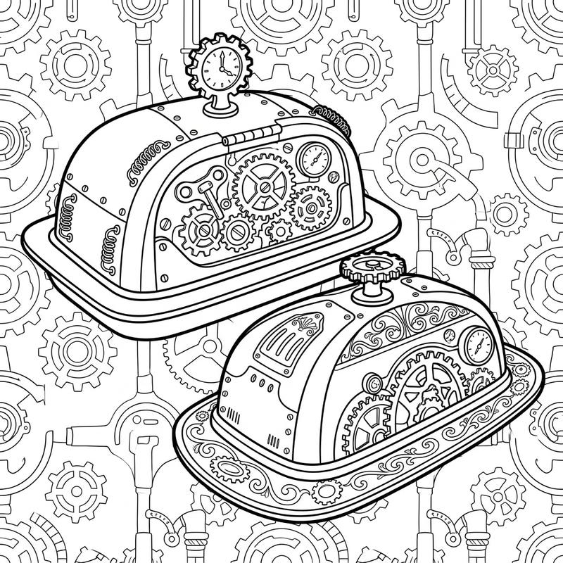 Step into an industrial Victorian fantasy with our unique Steampunk Butter Dishes coloring page. Immerse yourself in a world of intricate gears, clockwork mechanisms, and retro-futuristic details perfect for an engaging coloring experience.