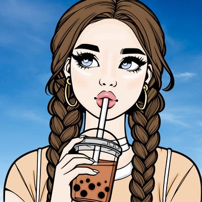 realistic girl with braided hair drinking boba