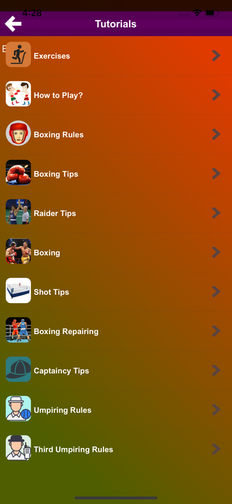 Boxing Tutorials - A menu screen within the Boxing Tutorials app listing various categories such as exercises rules tips and umpiring