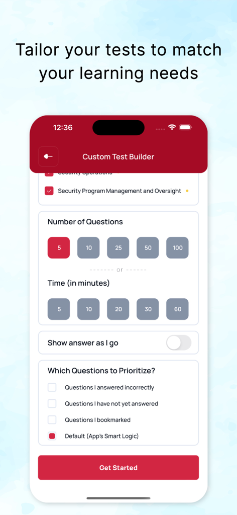 CompTIA Security+ by LearnZapp - Interface of the Custom Test Builder in the CompTIA Security+ app showing options for question count and timing.