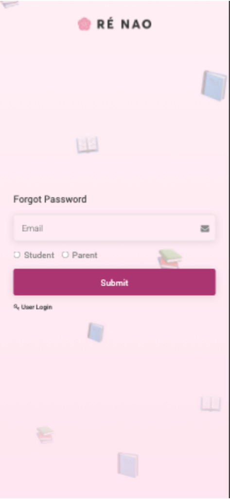 학생 및 학부모를 위한 Ré nao Platform 앱의 비밀번호 복구 화면