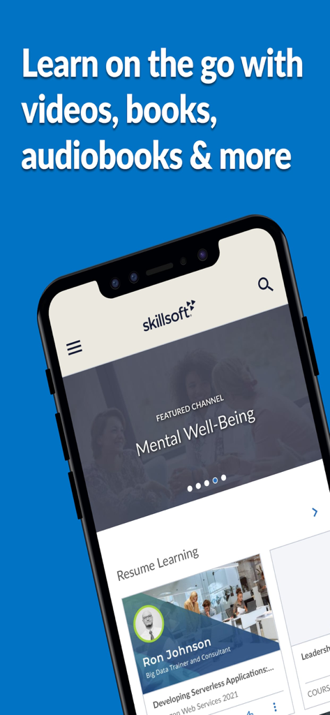 Interfaz de la aplicación Skillsoft Percipio para aprender sobre la marcha con videos, libros y audiolibros