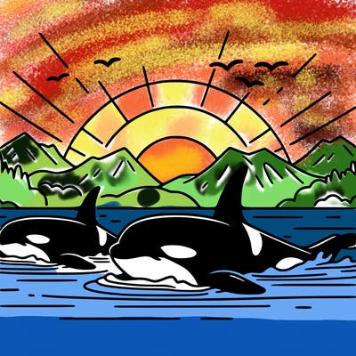 orcas in the ocean during sunset