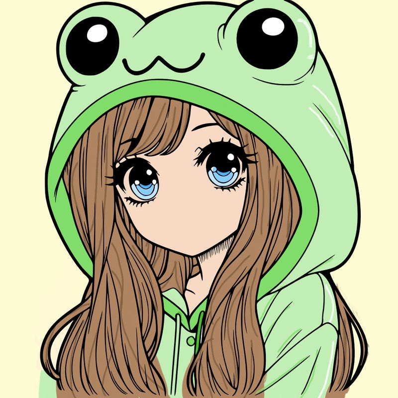 a pretty girl wearing a frog hoodie portrait with long hair