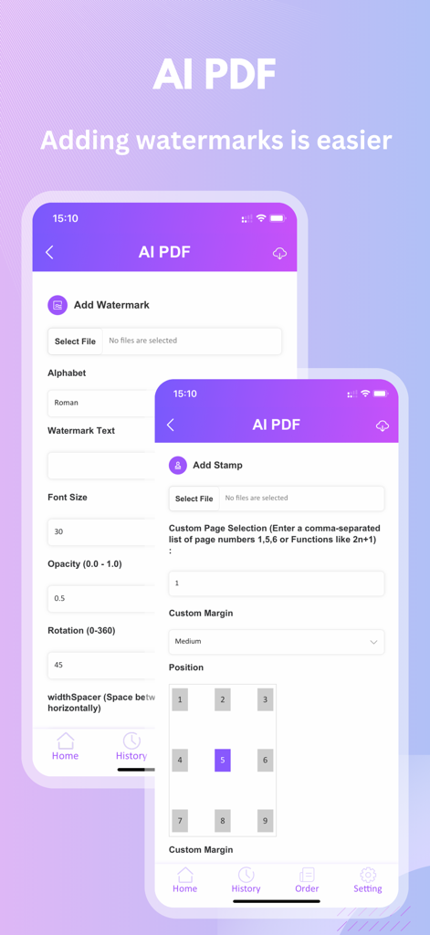 Mobile App-Oberfläche von Smallppt, die KI-PDF-Werkzeuge zum Hinzufügen von Wasserzeichen und Stempeln zu Dokumenten zeigt.