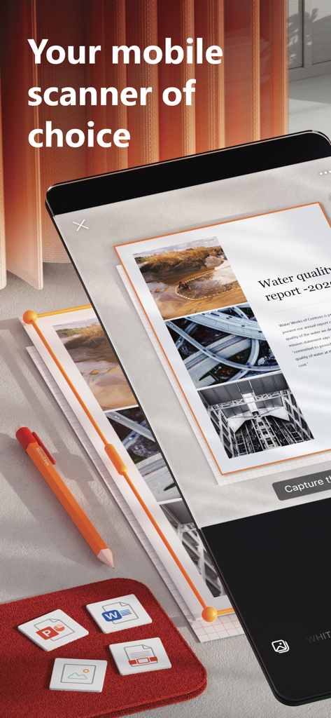 Un telefono cellulare che utilizza Microsoft Lens per scansionare un documento cartaceo con opzioni di esportazione in Word e PDF