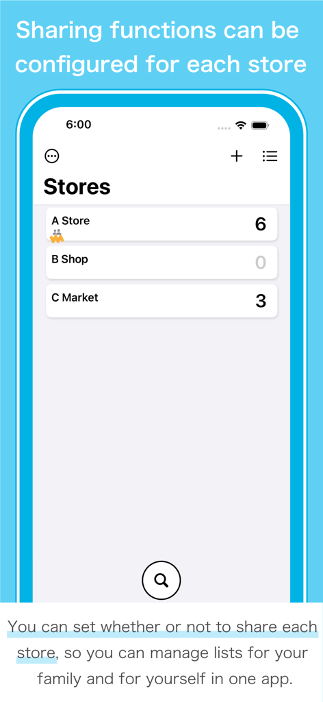 Shopping Lists+ Share&History - 個々の共有構成を持つ店舗のリストを表示するショッピングリスト+アプリのインターフェース。