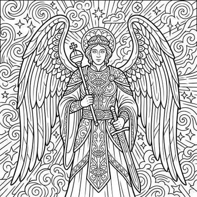 Journey into the celestial realm with this exquisite coloring page featuring a powerful Dominion Angel. Adorned with a crown, sword, and elaborate wings, this divine being offers a regal and inspiring coloring experience.