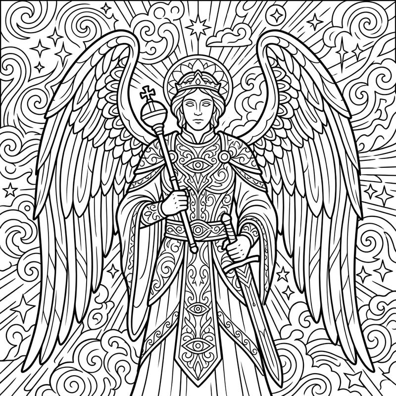 Journey into the celestial realm with this exquisite coloring page featuring a powerful Dominion Angel. Adorned with a crown, sword, and elaborate wings, this divine being offers a regal and inspiring coloring experience.