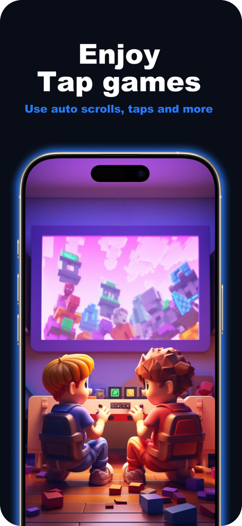 Autoclicker: Best Tap tools - Um smartphone mostrando dois personagens jogando um jogo com texto destacando a automação de toque e rolagem