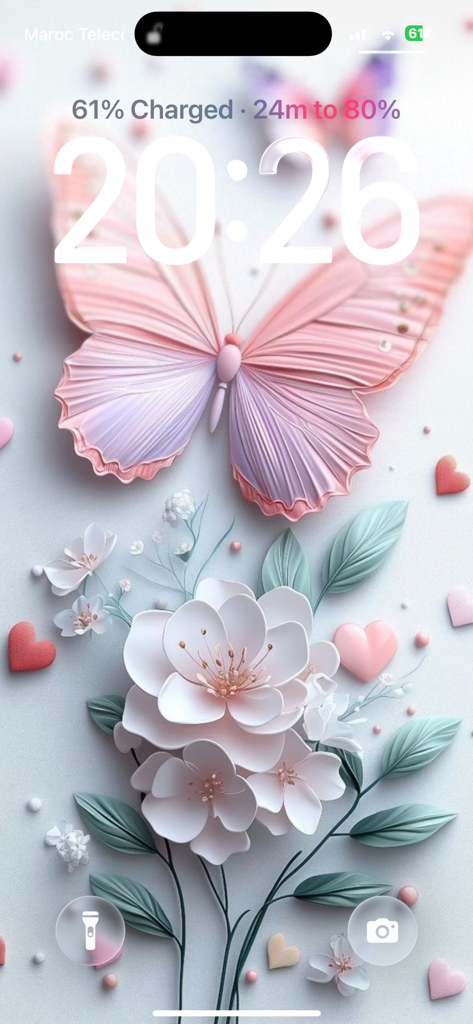 Girl Wallpaper 4K HD - Papel de parede estético rosa 3D de borboleta e flor branca em uma tela de bloqueio do iPhone