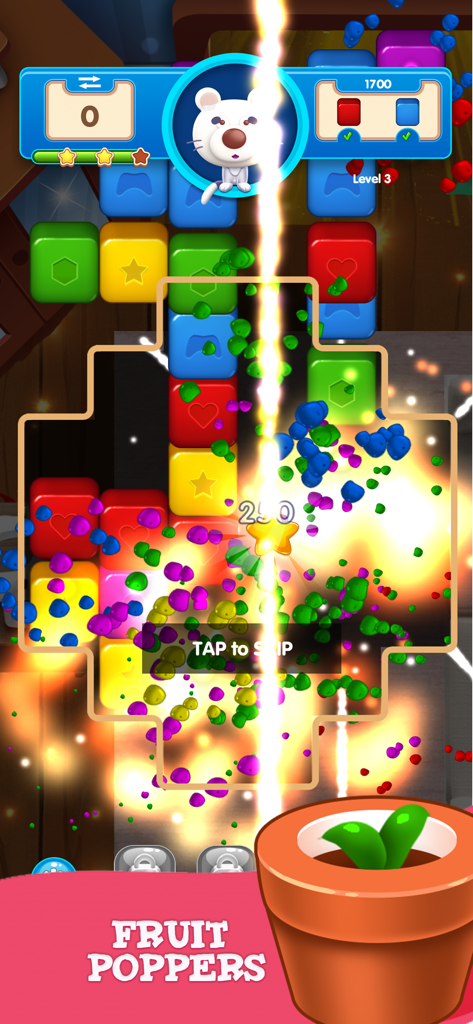 Fruit Poppers Fun Puzzle Game - Un colorido efecto de explosión en Fruit Poppers Fun Puzzle Game durante un nivel de combinación