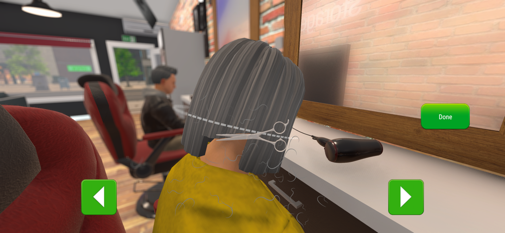 Hair Salon Simulator 3D - First-person perspective of a stylist cutting a client's grey hair with scissors in a 3D salon