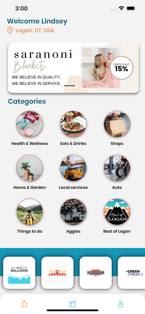 The Best of Logan - Tela inicial do aplicativo The Best of Logan mostrando várias categorias de ofertas locais e um banner de desconto em destaque