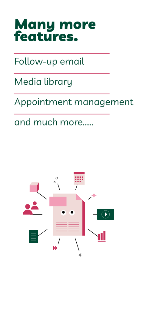 List of features for the VisitReport app including follow-up email and media library
