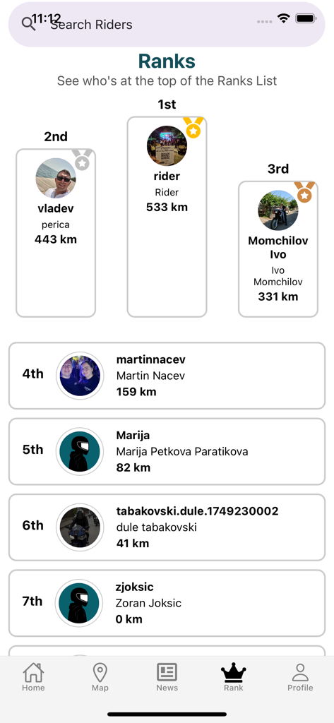 Riders - Bikers App - Leaderboard interface showing the top ranked motorcycle riders by distance