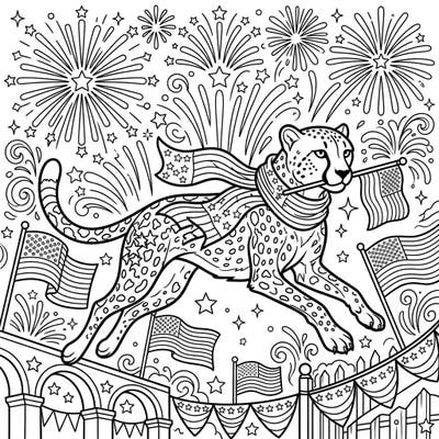 Get ready for a burst of patriotic creativity with this unique coloring page! A magnificent cheetah, adorned in US flag motifs, leaps amidst a dazzling Independence Day celebration.