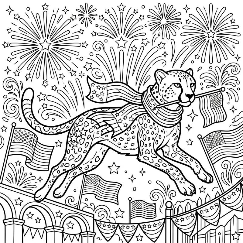 Get ready for a burst of patriotic creativity with this unique coloring page! A magnificent cheetah, adorned in US flag motifs, leaps amidst a dazzling Independence Day celebration.
