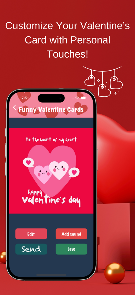 Valentine Day Cards - Romantic - Uma interface de aplicativo móvel exibindo um cartão digital personalizável de Dia dos Namorados com opções para editar, adicionar som e enviar.