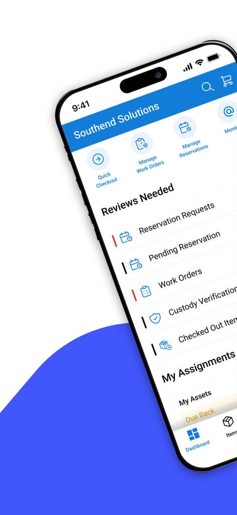 EZO - Dashboard-Ansicht der EZO-App auf einem mobilen Gerät, die Asset-Management-Aufgaben wie Arbeitsaufträge und Reservierungsanfragen zeigt