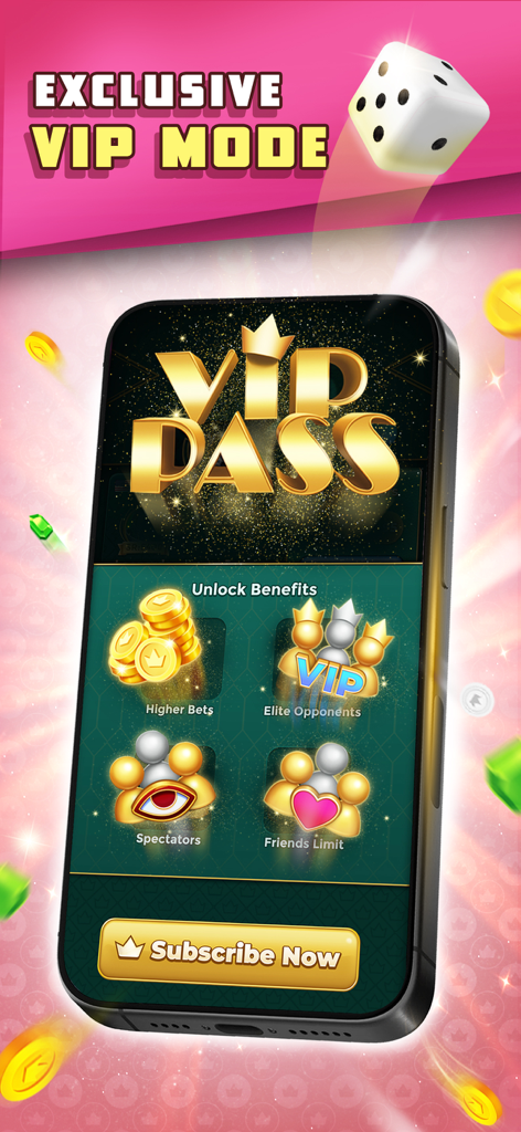 Uma tela de smartphone exibindo o Passe VIP do Backgammon Friends Online com benefícios como apostas mais altas e oponentes de elite.