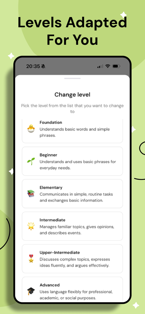 Language proficiency levels from Foundation to Advanced in the MakesYouFluent AI app.