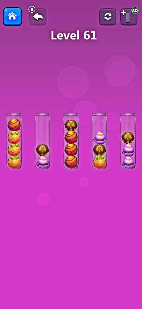 Fun Mini Games: No WiFi - Nível do jogo de quebra-cabeça de organização de bolos com sobremesas coloridas em tubos de vidro