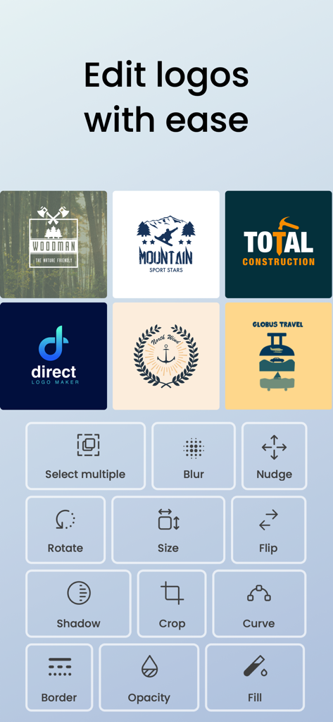 Logo Maker, Design Creator. - Interface of the Logo Maker app featuring a grid of professional editing tools and several logo design examples.