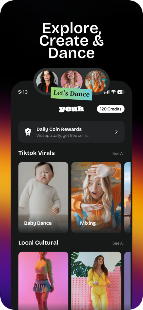 Yeah: AI Dance Video Generator - Interfaz de la app Yeah AI Dance Video Generator con categorías de baile viral de TikTok