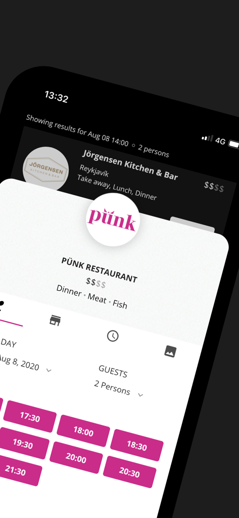 Dineout Iceland app interface showing restaurant reservation options for Punk Restaurant in Reykjavik