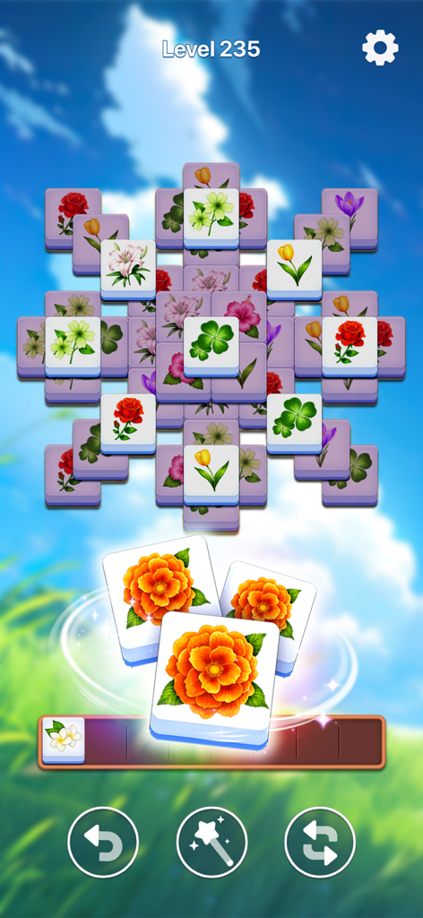A relaxing floral tile matching puzzle level in Bloom Tile game