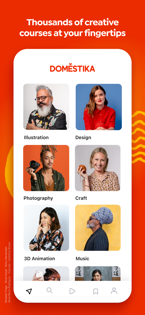 Interfaccia dell'app Domestika che mostra varie categorie di corsi creativi e istruttori