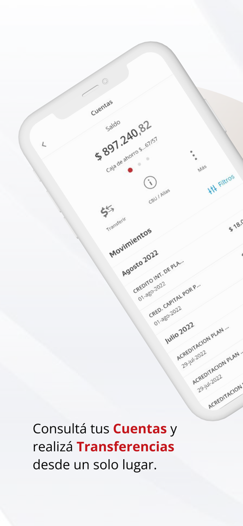 Interfaccia dell'app di mobile banking ICBC Argentina che mostra il saldo del conto e la cronologia delle transazioni.