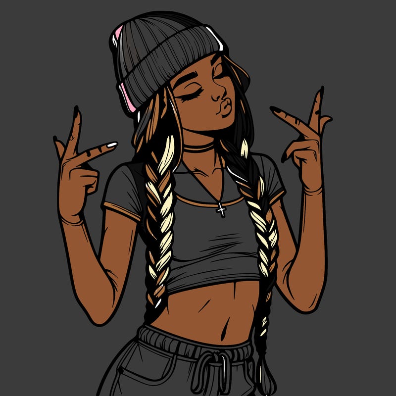 realistic teenage girl with braids and a beanie and crop top doing 🫶🏼