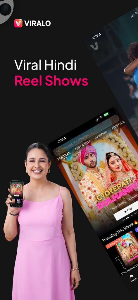 A woman holding a smartphone displaying the Viralo TV app interface for viral Hindi reel shows