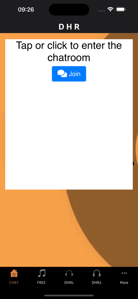 Deep House Radio DHR - Interfaccia dell'app Deep House Radio che mostra la schermata di accesso alla chat room