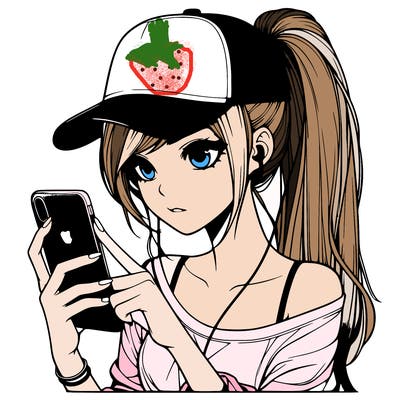 realistic girl with a long ponytail and trucker hat holding an iphone