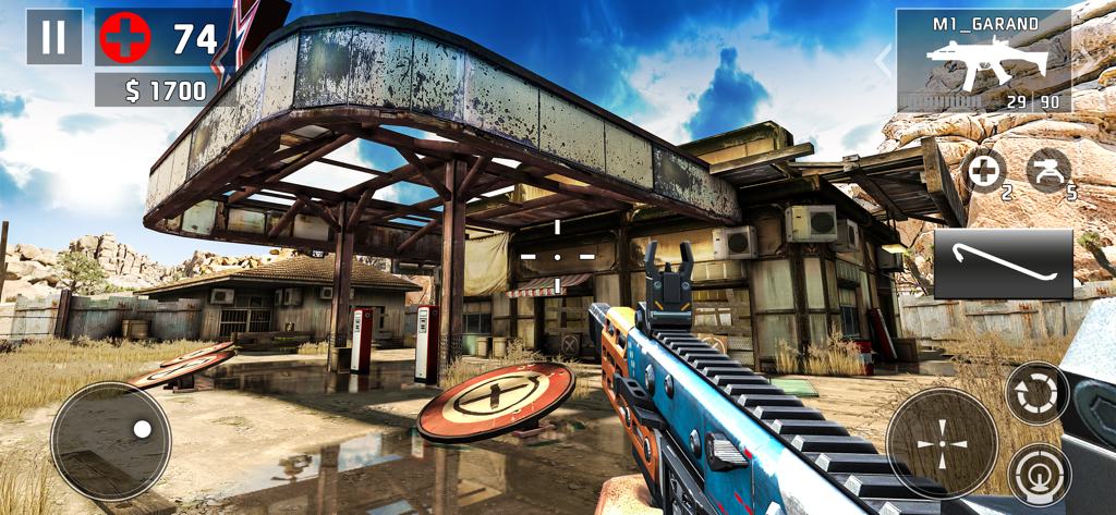 DEAD TRIGGER 2: Zombie Games - Perspectiva en primera persona de la jugabilidad de Dead Trigger 2 en una gasolinera del desierto