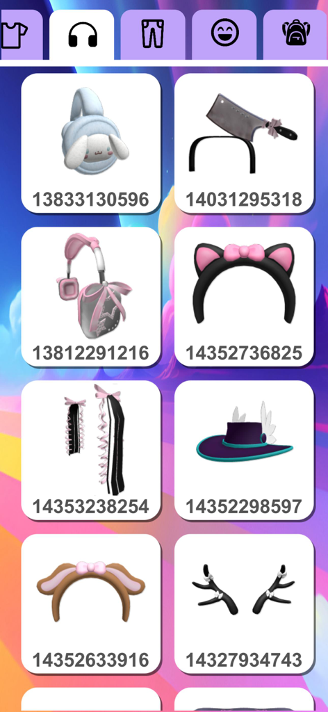 Outfit ID codes for Roblox - Uma grade mostrando vários acessórios de cabeça do Roblox, como protetores de ouvido e faixas, com seus códigos de ID correspondentes