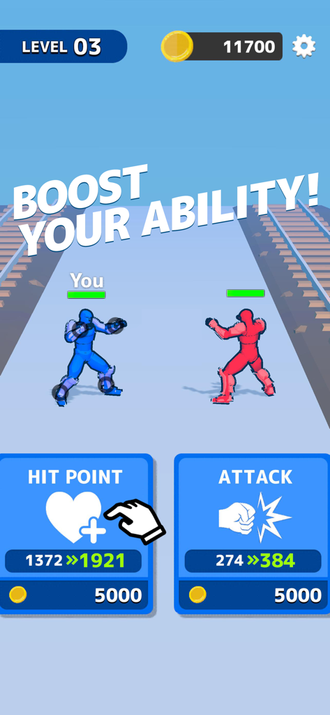 Draw Action: Freestyle Fight - In-game screen showing upgrade options for hit point and attack stats in Draw Action Freestyle Fight