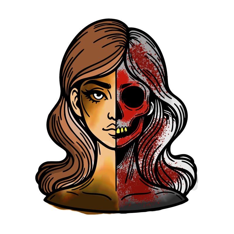 bust of a woman, half face and hair, half skull