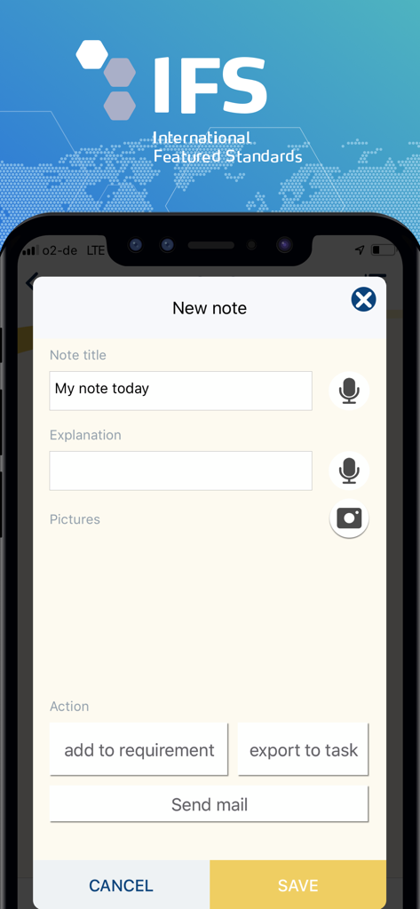 Interfaz móvil de la aplicación IFS Audit Manager que muestra la pantalla de creación de Nueva Nota con opciones de voz y foto.