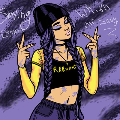 realistic teenage girl with braids and a beanie and crop top doing 🫶🏼