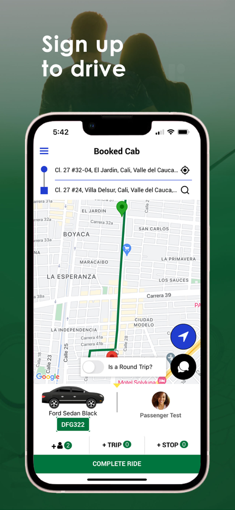 Nubeli Driver app interface displaying a map with a route for a booked cab, vehicle details, and passenger profile.