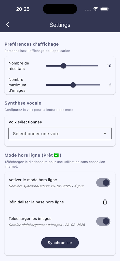 Dico API - Menú de configuración de la aplicación Dico API que muestra preferencias de pantalla y opciones de modo sin conexión.