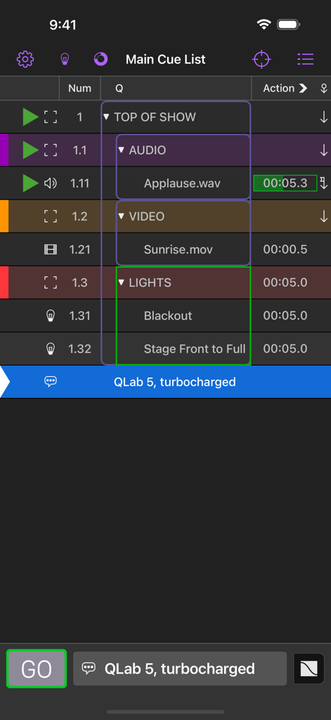 The main cue list interface in the QLab Remote app for iPhone featuring audio video and light cues