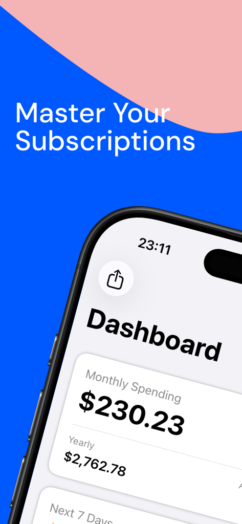 Track Subscription: ManageSubs - ManageSubs app dashboard displaying monthly and yearly subscription costs.