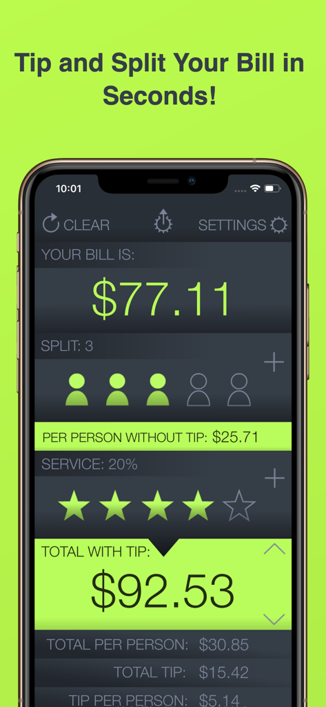 Tip Calculator % Tap Tip - 3人で割り勘して20%のチップを計算している請求書分割画面のTip Calculatorアプリインターフェイス。